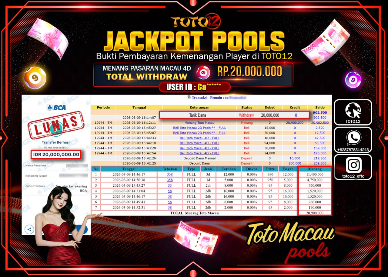 HANYA DI TOTO12 JP PASTI DI BAYAR LUNAS DAN CEPAT!!!!!! JACKPOT POOLS PASARAN (MACAU 4D) Rp.20.000.000!!!!
