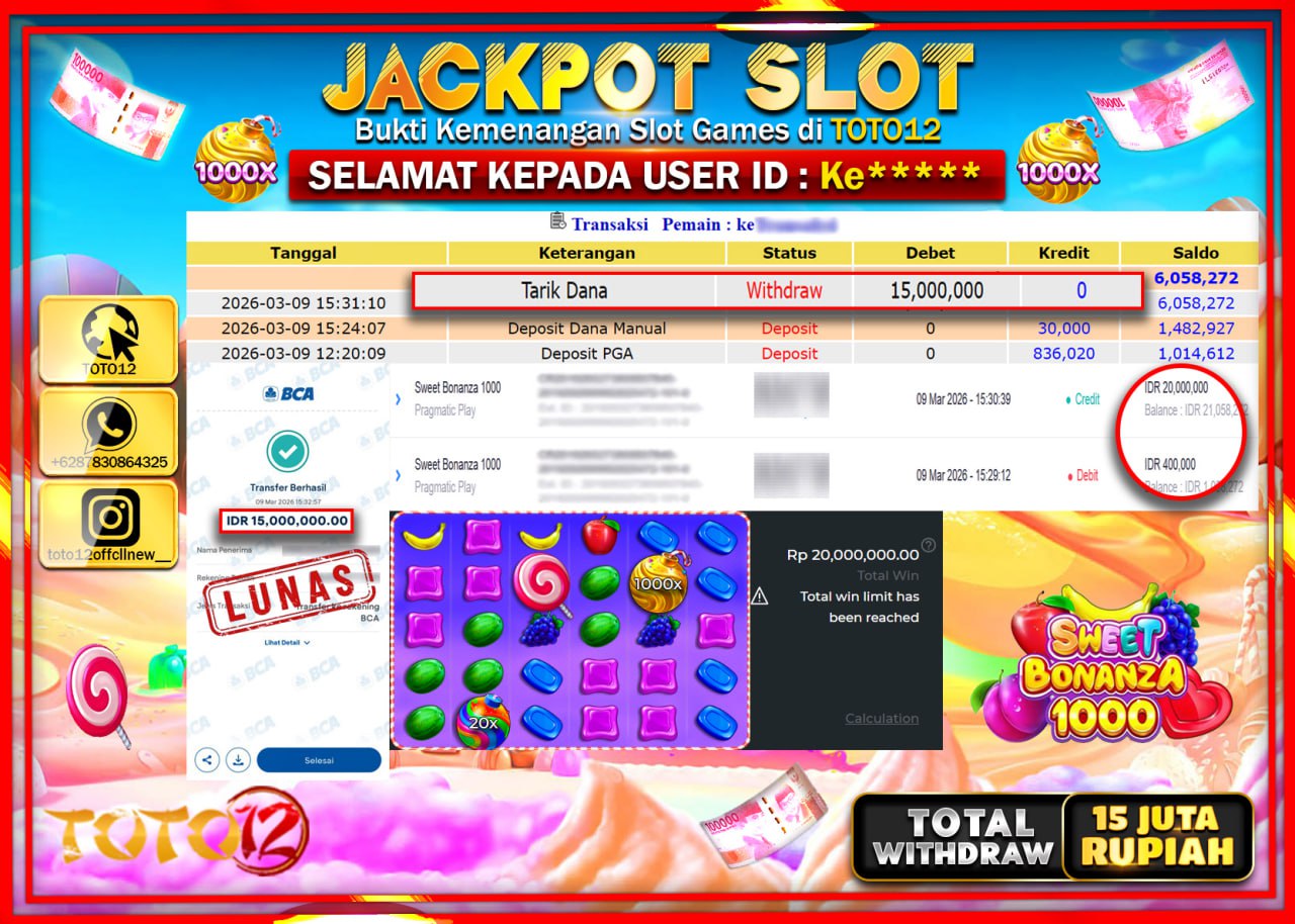 HANYA DI TOTO12 JP PASTI DI BAYAR LUNAS DAN CEPAT!!!!!! JACKPOT SLOT GAME (SWEET BONANZA 1000) Rp.15.000.000!!!!