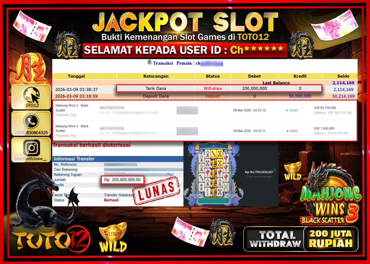 HANYA DI TOTO12 JP PASTI DI BAYAR LUNAS DAN CEPAT!!!!!! JACKPOT SLOT GAME (MAHJONG WINS 3 BLACK SCATTER) Rp.200.000.000!!!!