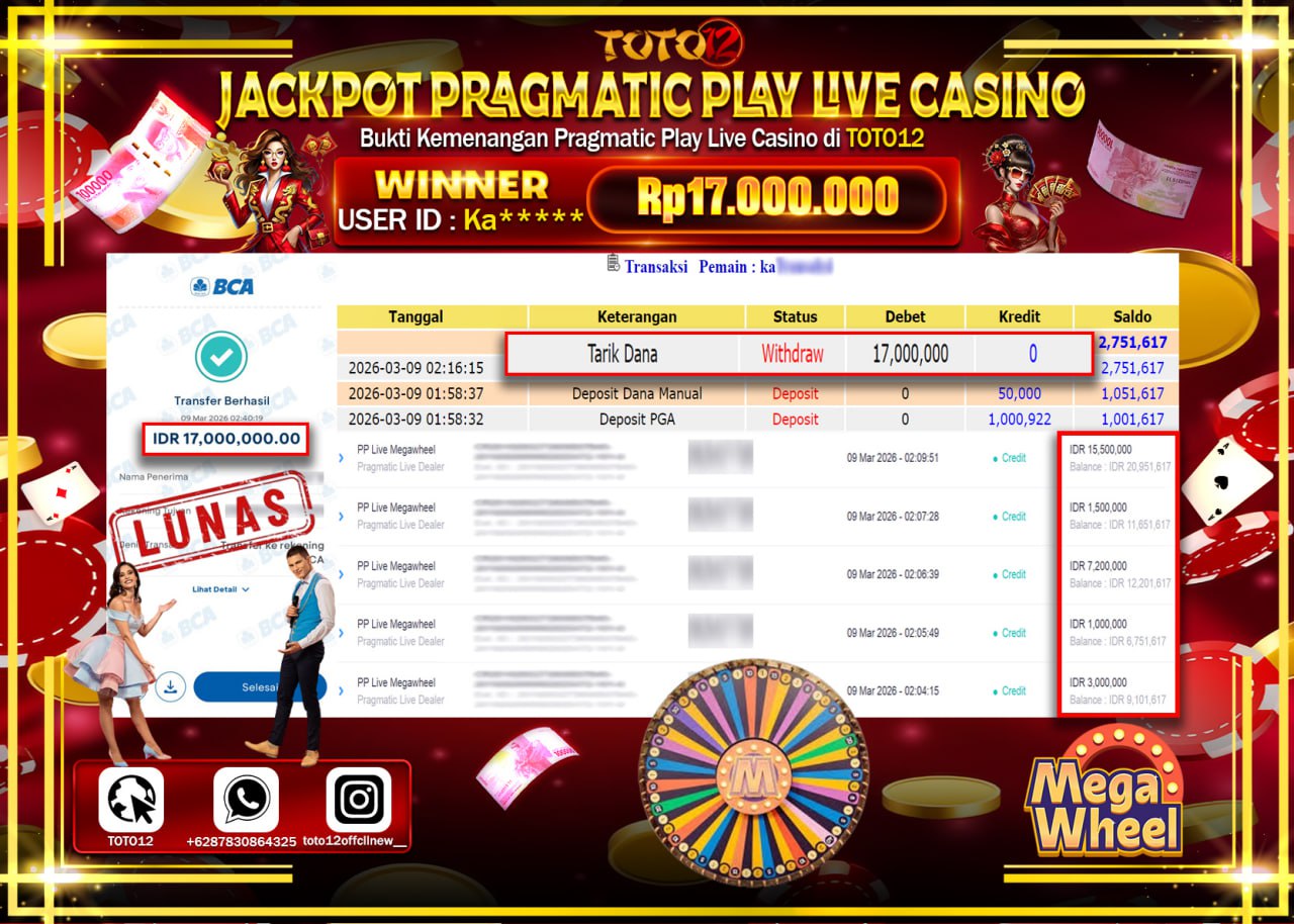HANYA DI TOTO12 JP PASTI DI BAYAR LUNAS DAN CEPAT!!!!!! JACKPOT PRAGMATIC PLAY LIVE GAME CASINO (PP LIVE MEGAWHEEL) Rp.17.000.000!!!!