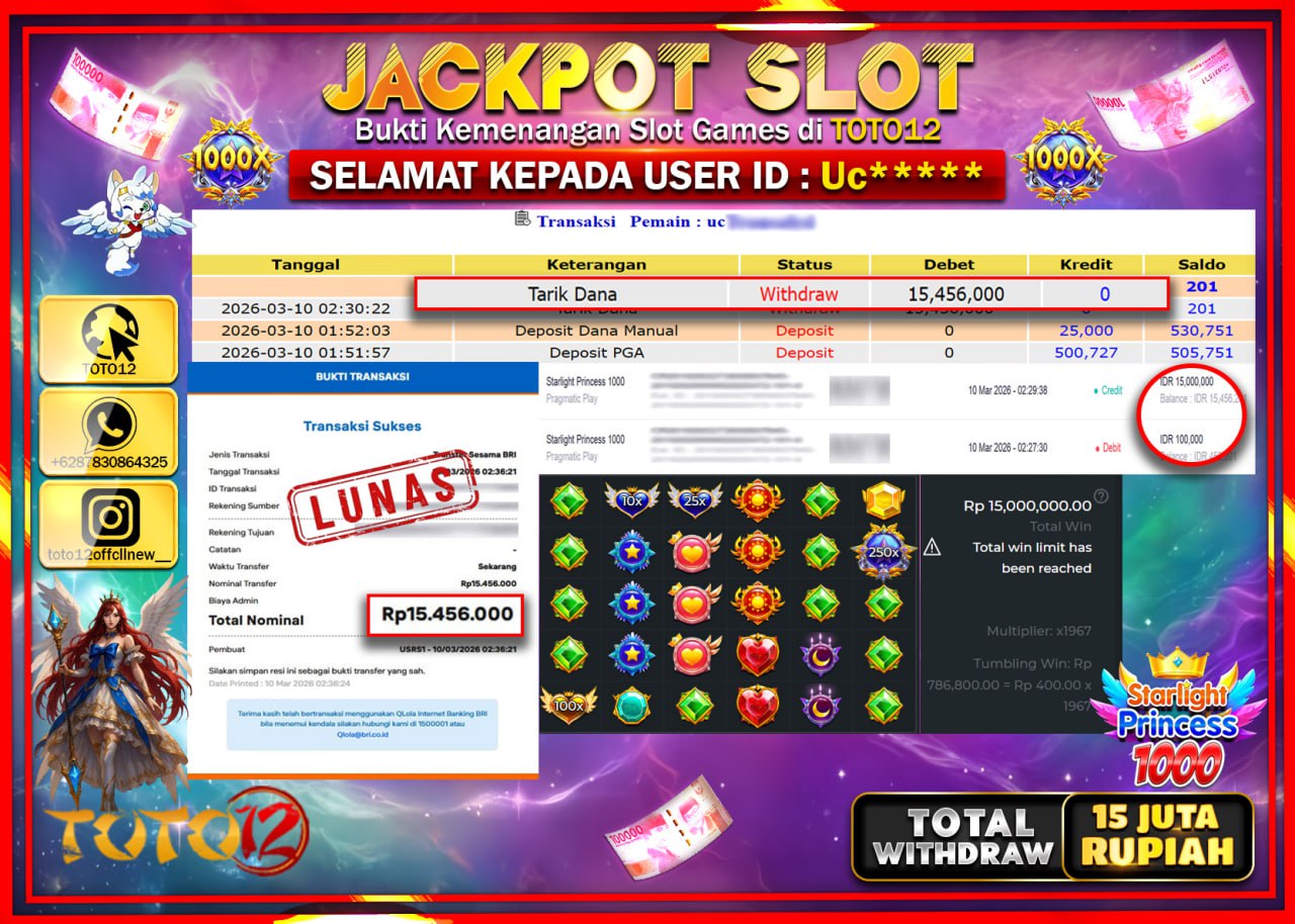 HANYA DI TOTO12 JP PASTI DI BAYAR LUNAS DAN CEPAT!!!!!! JACKPOT SLOT GAME (STARLIGHT PRINCES 1000) Rp.15.456.000!!!!