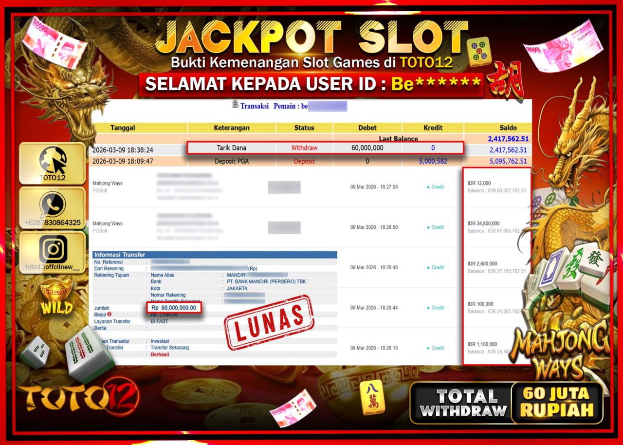 HANYA DI TOTO12 JP PASTI DI BAYAR LUNAS DAN CEPAT!!!!!! JACKPOT SLOT GAME (MAHJONG WAYS) Rp.60.000.000!!!!