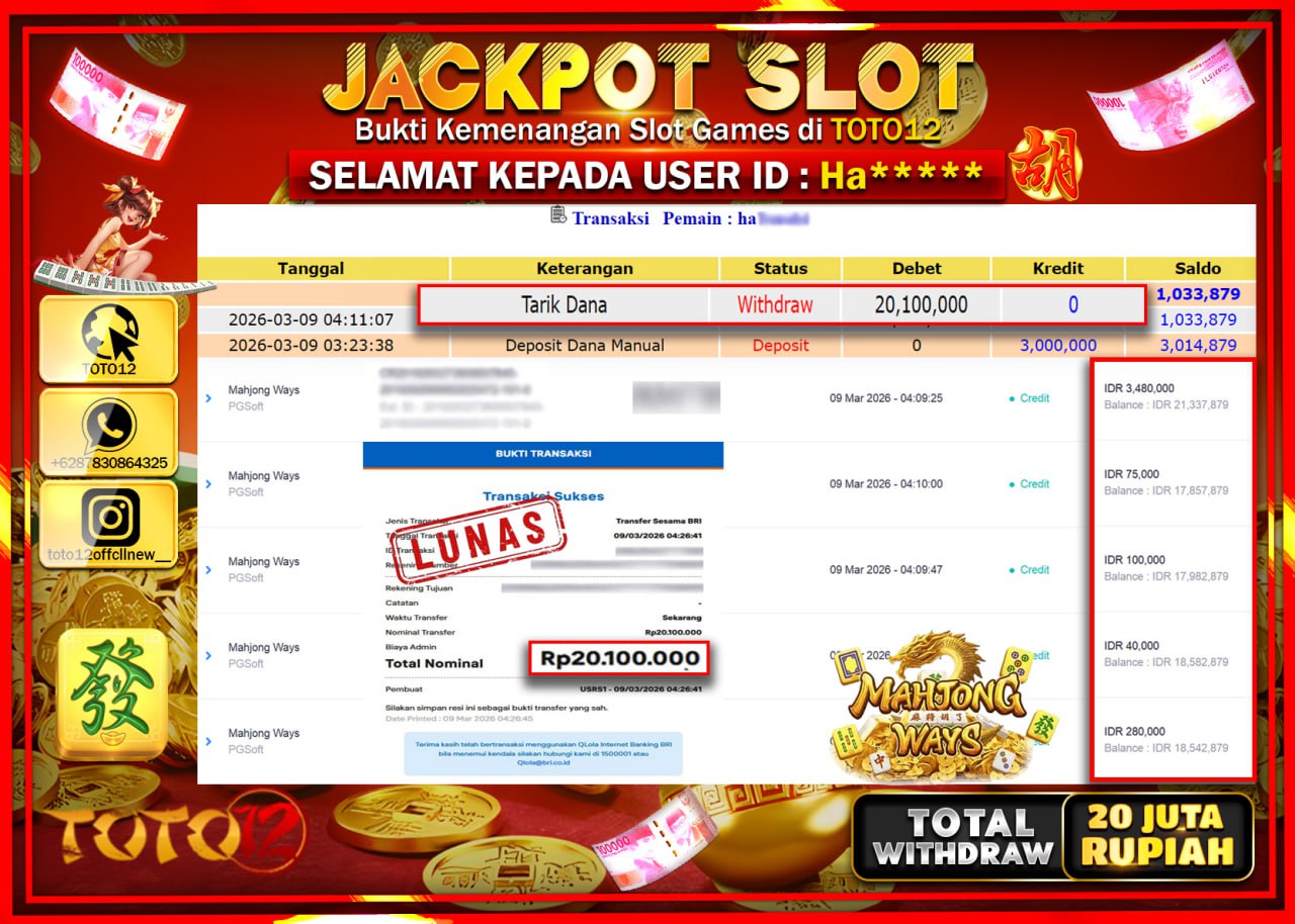 HANYA DI TOTO12 JP PASTI DI BAYAR LUNAS DAN CEPAT!!!!!! JACKPOT SLOT GAME (MAHJONG WAYS) Rp.20.100.000!!!!