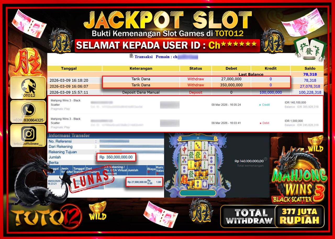 HANYA DI TOTO12 JP PASTI DI BAYAR LUNAS DAN CEPAT!!!!!! JACKPOT SLOT GAME (MAHJONG WINS 3 BLACK SCATTER) Rp.377.000.000!!!!