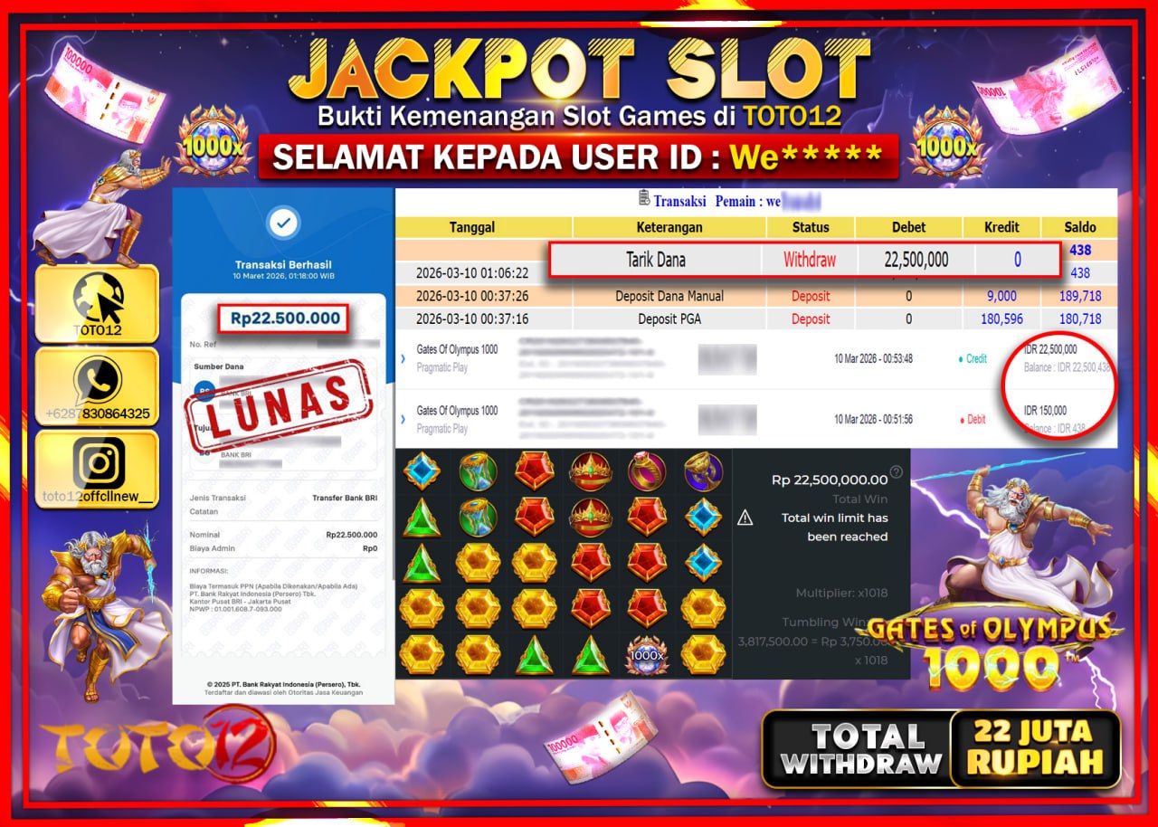 HANYA DI TOTO12 JP PASTI DI BAYAR LUNAS DAN CEPAT!!!!!! JACKPOT SLOT GAME (GATES OF OLMPUS 1000) Rp.22.500.000!!!!