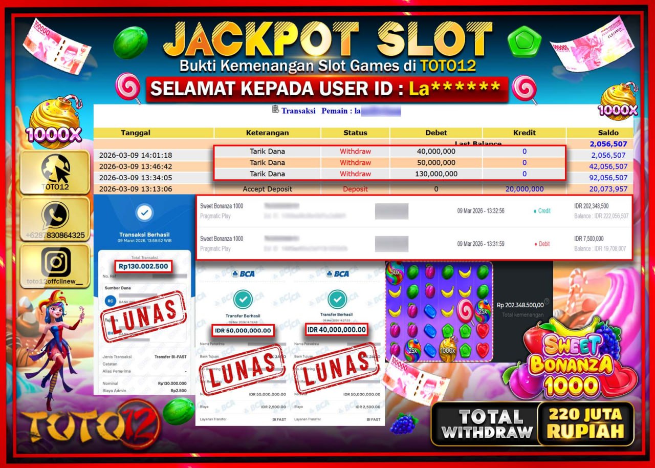 HANYA DI TOTO12 JP PASTI DI BAYAR LUNAS DAN CEPAT!!!!!! JACKPOT SLOT GAME (SWEET BONANZA 1000) Rp.220.000.000!!!!