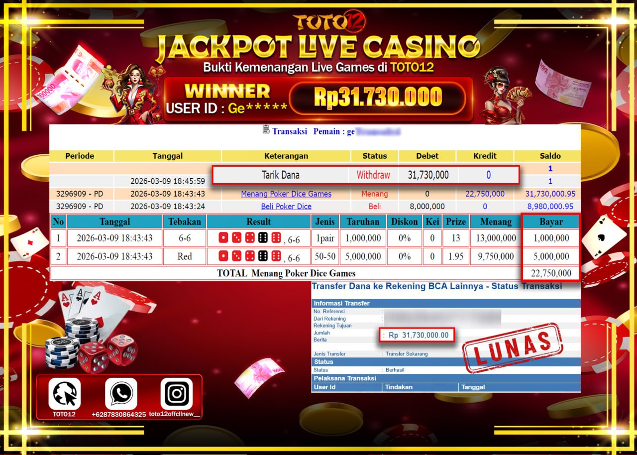 HANYA DI TOTO12 JP PASTI DI BAYAR LUNAS DAN CEPAT!!!!!! JACKPOT LIVE GAMES CASINO (DICE) Rp.31.730.000!!!!