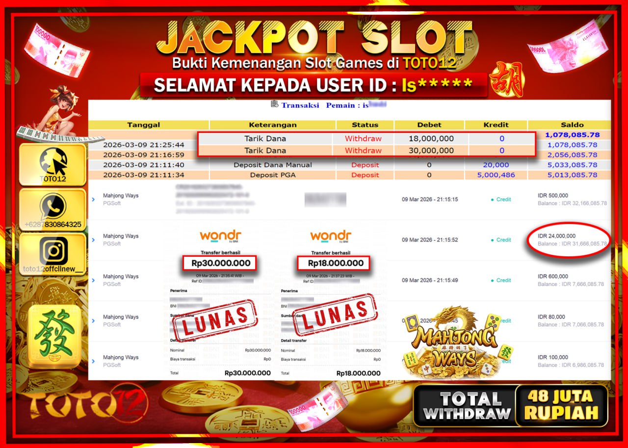 HANYA DI TOTO12 JP PASTI DI BAYAR LUNAS DAN CEPAT!!!!!! JACKPOT SLOT GAME (MAHJONG WAYS) Rp.48.000.000!!!!