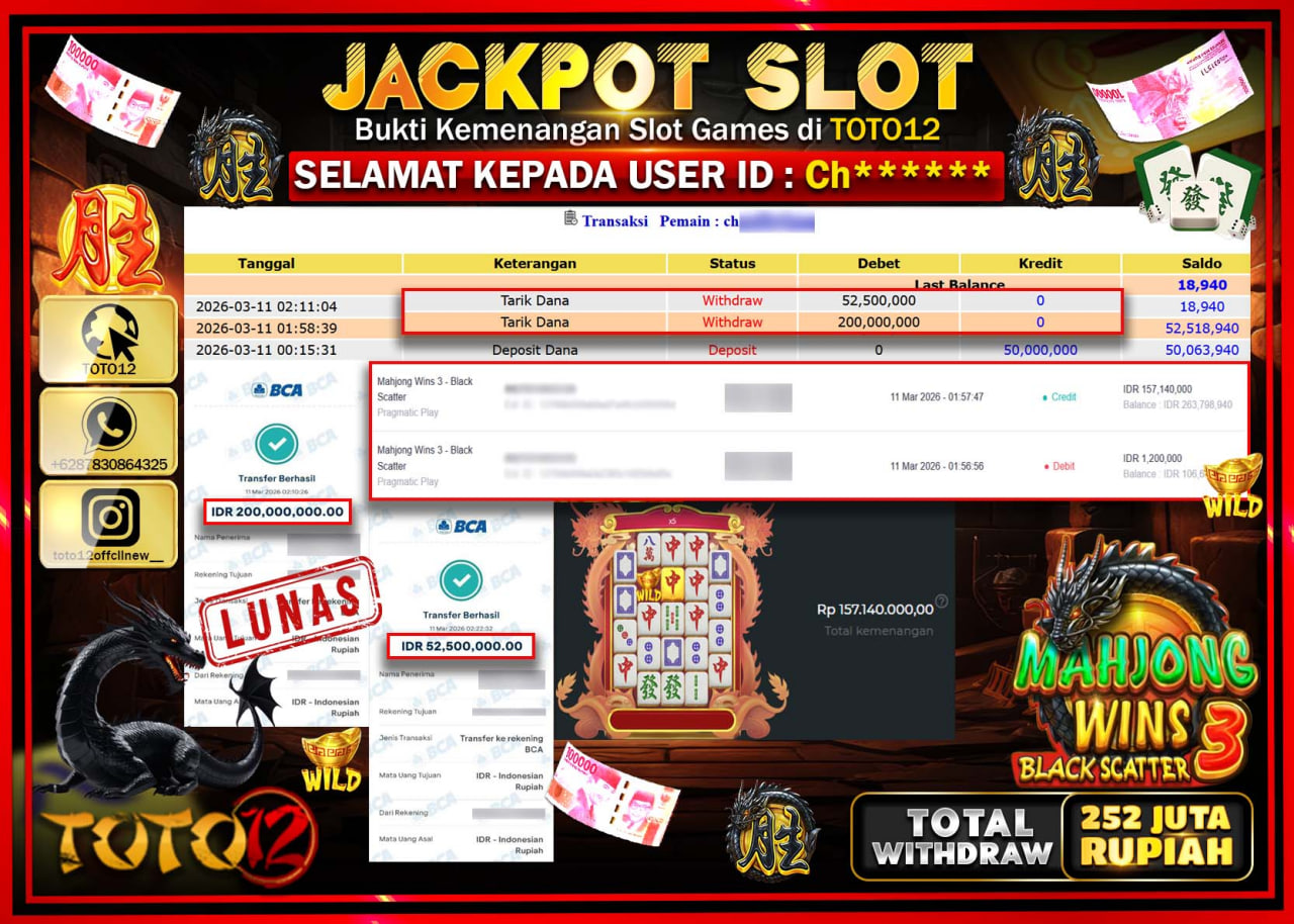 HANYA DI TOTO12 JP PASTI DI BAYAR LUNAS DAN CEPAT!!!!!! JACKPOT SLOT GAME (MAHJONG WINS 3 BLACK SCATTER) Rp.252.500.000!!!!