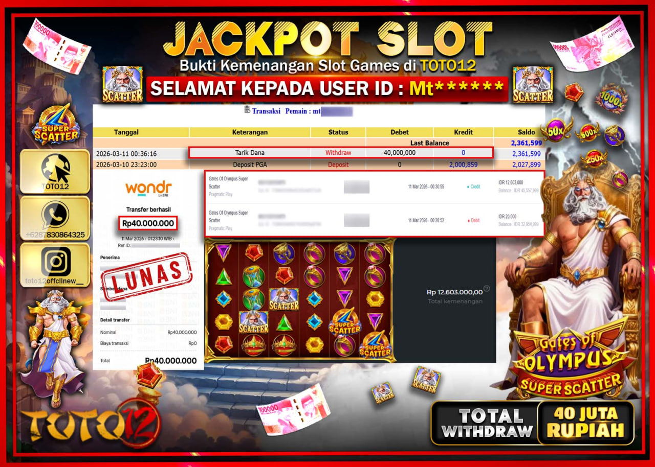 HANYA DI TOTO12 JP PASTI DI BAYAR LUNAS DAN CEPAT!!!!!! JACKPOT SLOT GAME (GATES OF OLYMPUS SUPER SCATTER) Rp.40.000.000!!!!