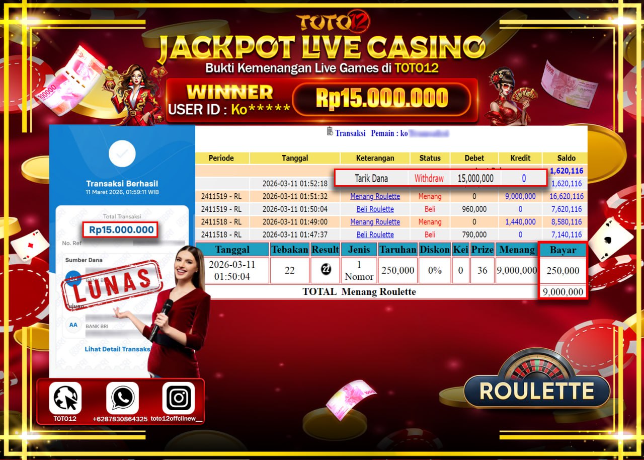 HANYA DI TOTO12 JP PASTI DI BAYAR LUNAS DAN CEPAT!!!!!! JACKPOT LIVE GAMES CASINO(ROULETTE) Rp.15.000.000!!!!