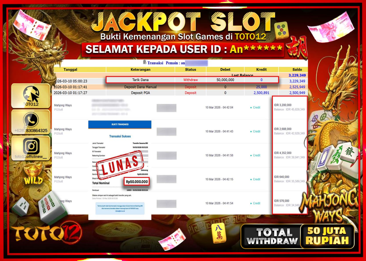 HANYA DI TOTO12 JP PASTI DI BAYAR LUNAS DAN CEPAT!!!!!! JACKPOT SLOT GAME (MAHJONG WAYS) Rp.50.000.000!!!!