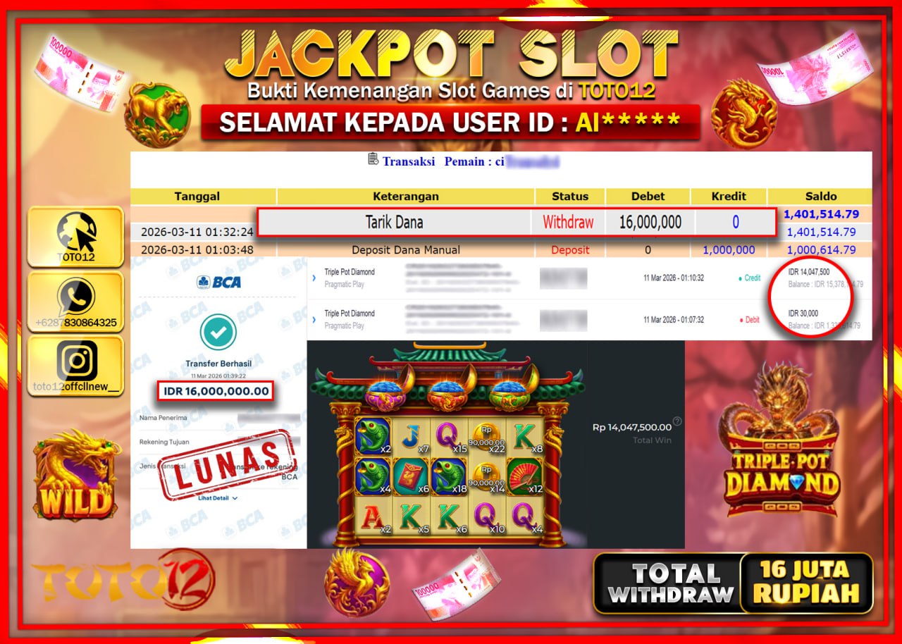 HANYA DI TOTO12 JP PASTI DI BAYAR LUNAS DAN CEPAT!!!!!! JACKPOT SLOT GAME (TRIPLE POT DIAMOND) Rp.16.000.000!!!!