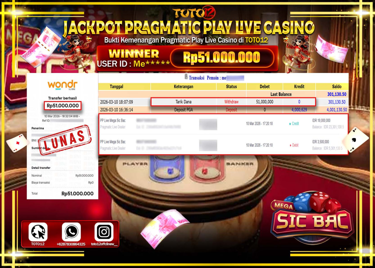 HANYA DI TOTO12 JP PASTI DI BAYAR LUNAS DAN CEPAT!!!!!! JACKPOT PRAGMATIC PLAY LIVE CASINO(MEGA SIC BAC) Rp.51.000.000!!!!