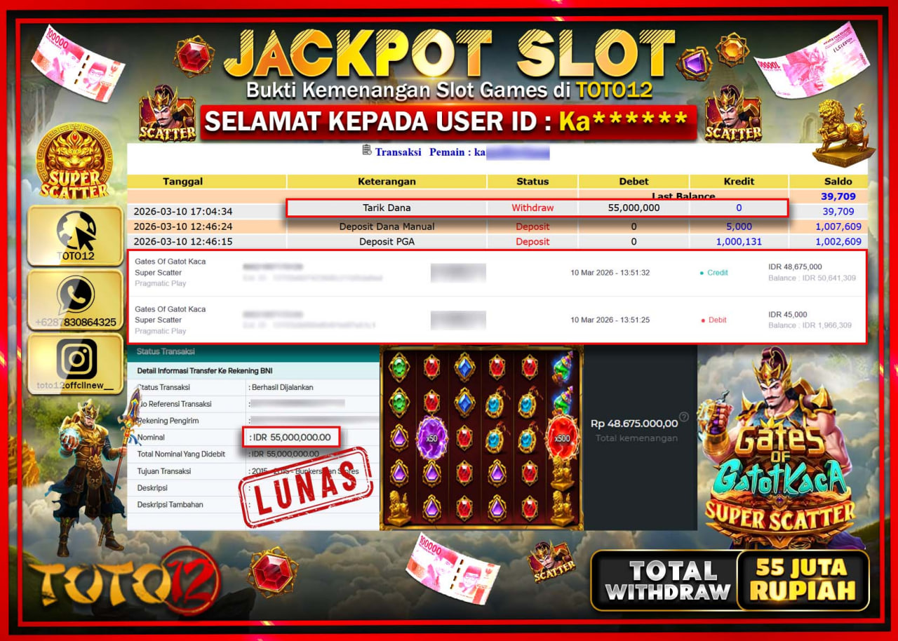 HANYA DI TOTO12 JP PASTI DI BAYAR LUNAS DAN CEPAT!!!!!! JACKPOT SLOT GAME (GATES OF GATOT KACA SUPER SCATTER) Rp.55.000.000!!!!
