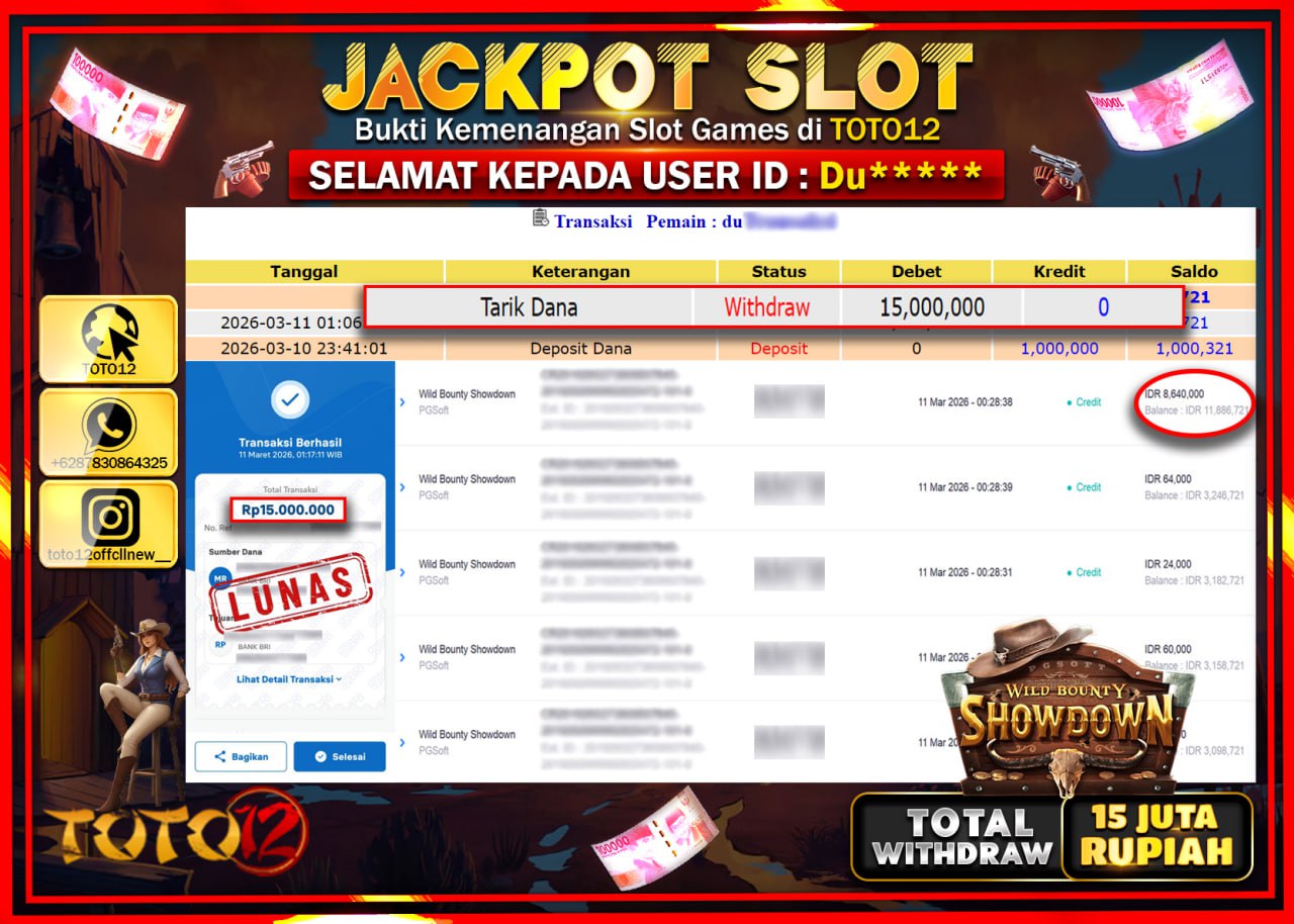 HANYA DI TOTO12 JP PASTI DI BAYAR LUNAS DAN CEPAT!!!!!! JACKPOT SLOT GAME (WILD BOUNTY SHOWDOWN) Rp.15.000.000!!!!