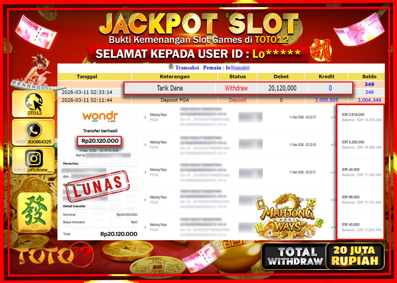 HANYA DI TOTO12 JP PASTI DI BAYAR LUNAS DAN CEPAT!!!!!! JACKPOT SLOT GAME (MAHJONG WAYS) Rp.20.120.000!!!!