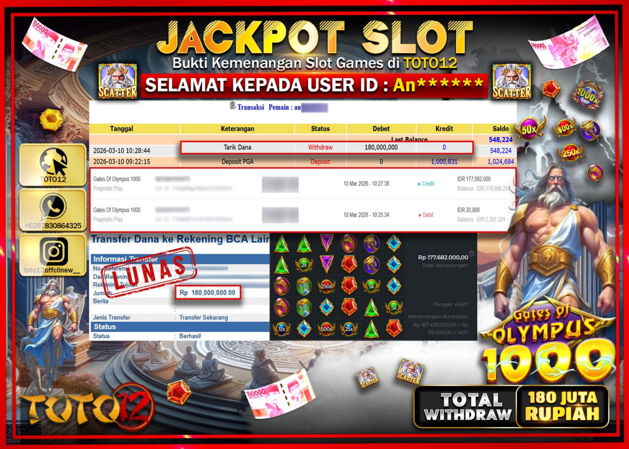 HANYA DI TOTO12 JP PASTI DI BAYAR LUNAS DAN CEPAT!!!!!! JACKPOT SLOT GAME (GATES OF OLYMPUS 1000) Rp.180.000.000!!!!