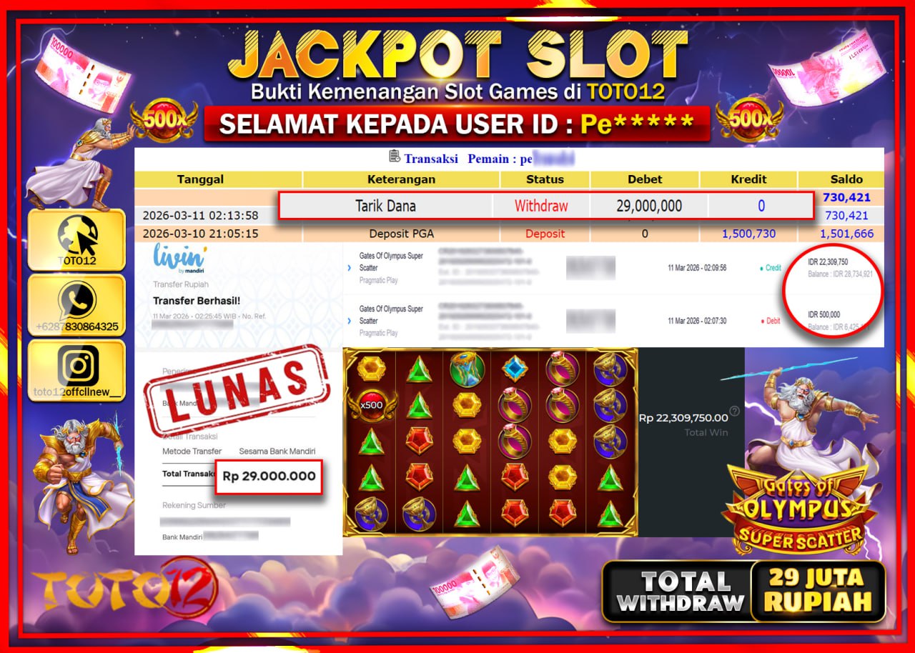 HANYA DI TOTO12 JP PASTI DI BAYAR LUNAS DAN CEPAT!!!!!! JACKPOT SLOT GAME (GATES OF OLYMPUS SUPER SCATTER) Rp.29.000.000!!!!