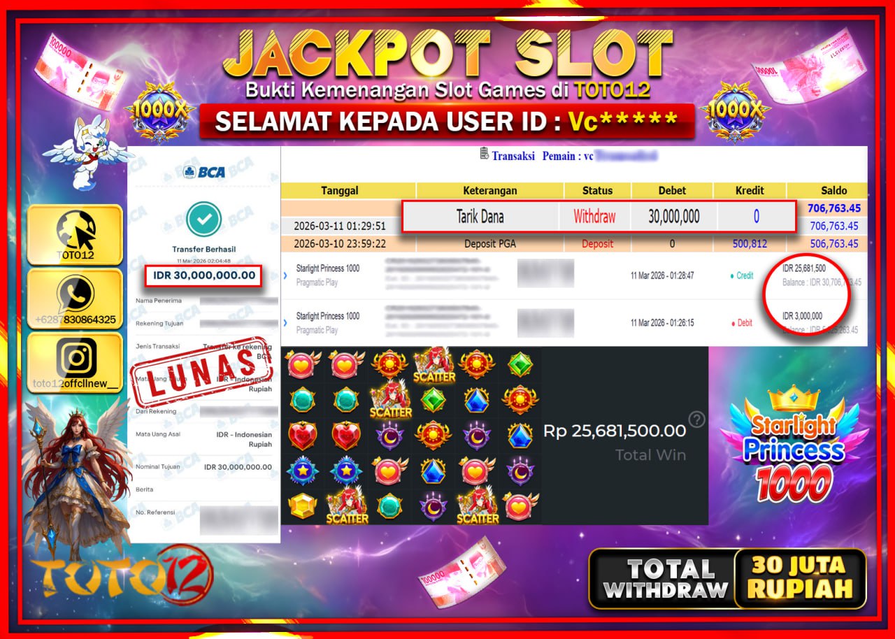 HANYA DI TOTO12 JP PASTI DI BAYAR LUNAS DAN CEPAT!!!!!! JACKPOT SLOT GAME (STARLIGHT PRINCESS 1000) Rp.30.000.000!!!!