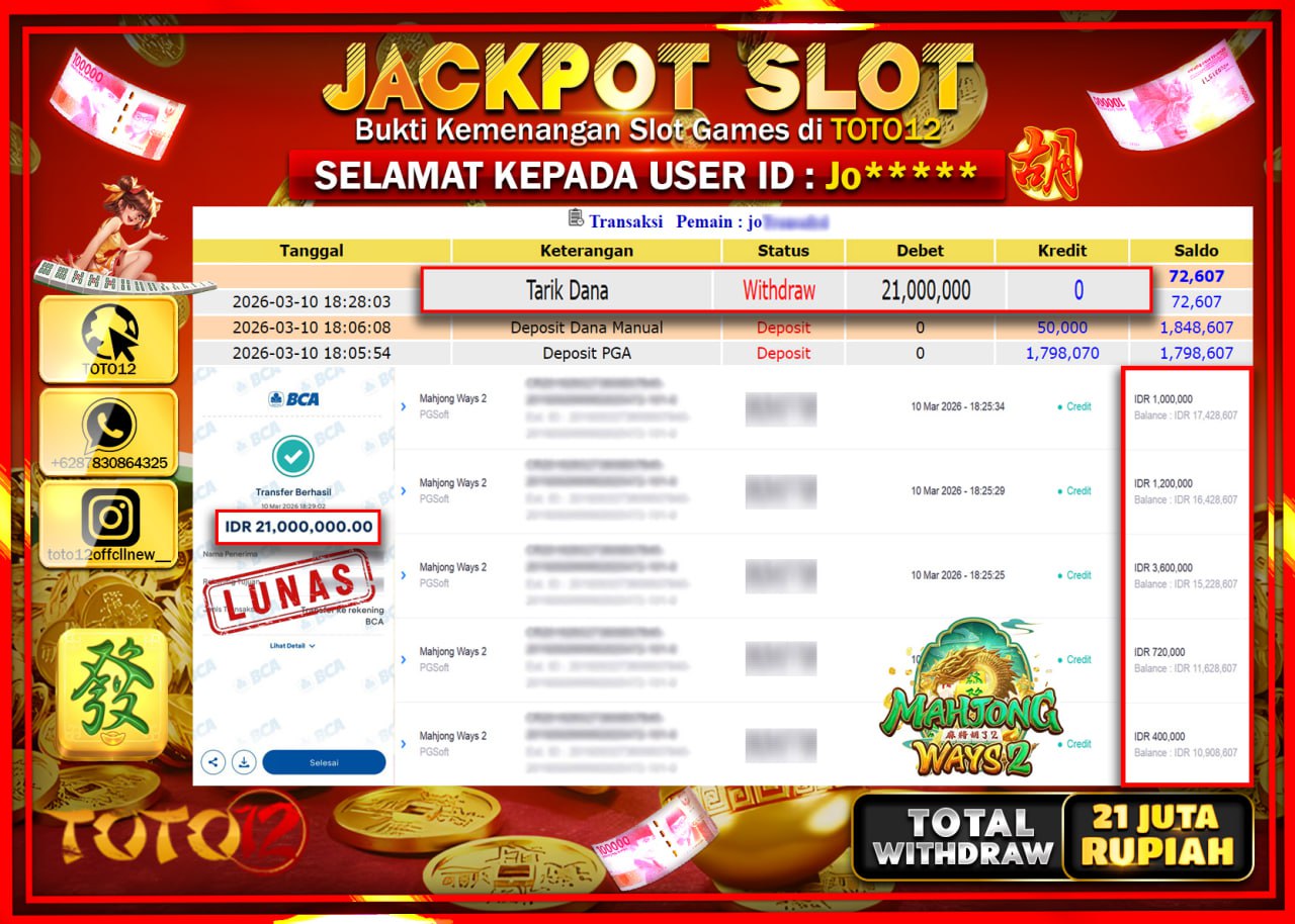 HANYA DI TOTO12 JP PASTI DI BAYAR LUNAS DAN CEPAT!!!!!! JACKPOT SLOT GAME (MAHJONG WAYS 2) Rp.21.000.000!!!!