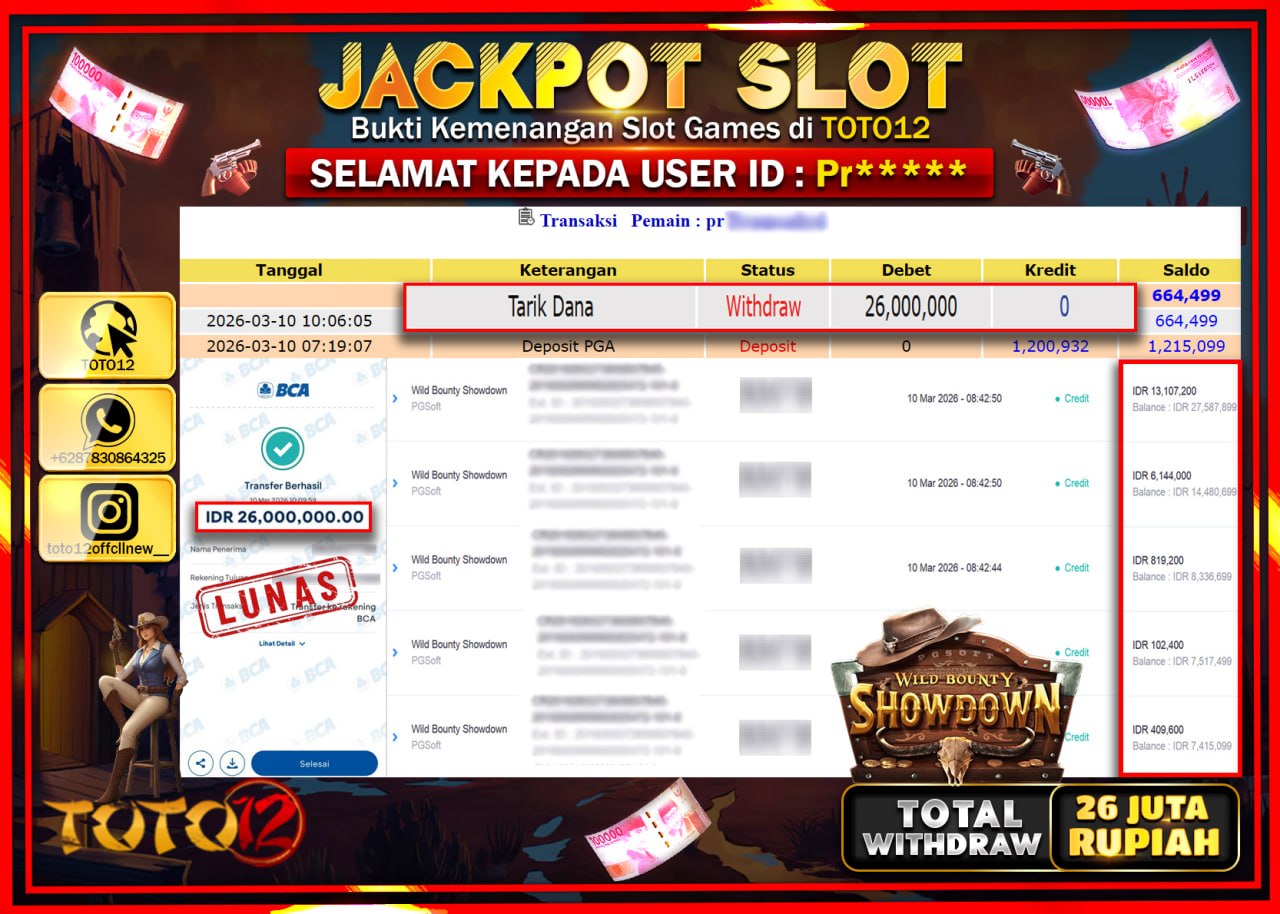 HANYA DI TOTO12 JP PASTI DI BAYAR LUNAS DAN CEPAT!!!!!! JACKPOT SLOT GAME (WILD BOUNTY SHOWDOWN) Rp.26.000.000!!!!