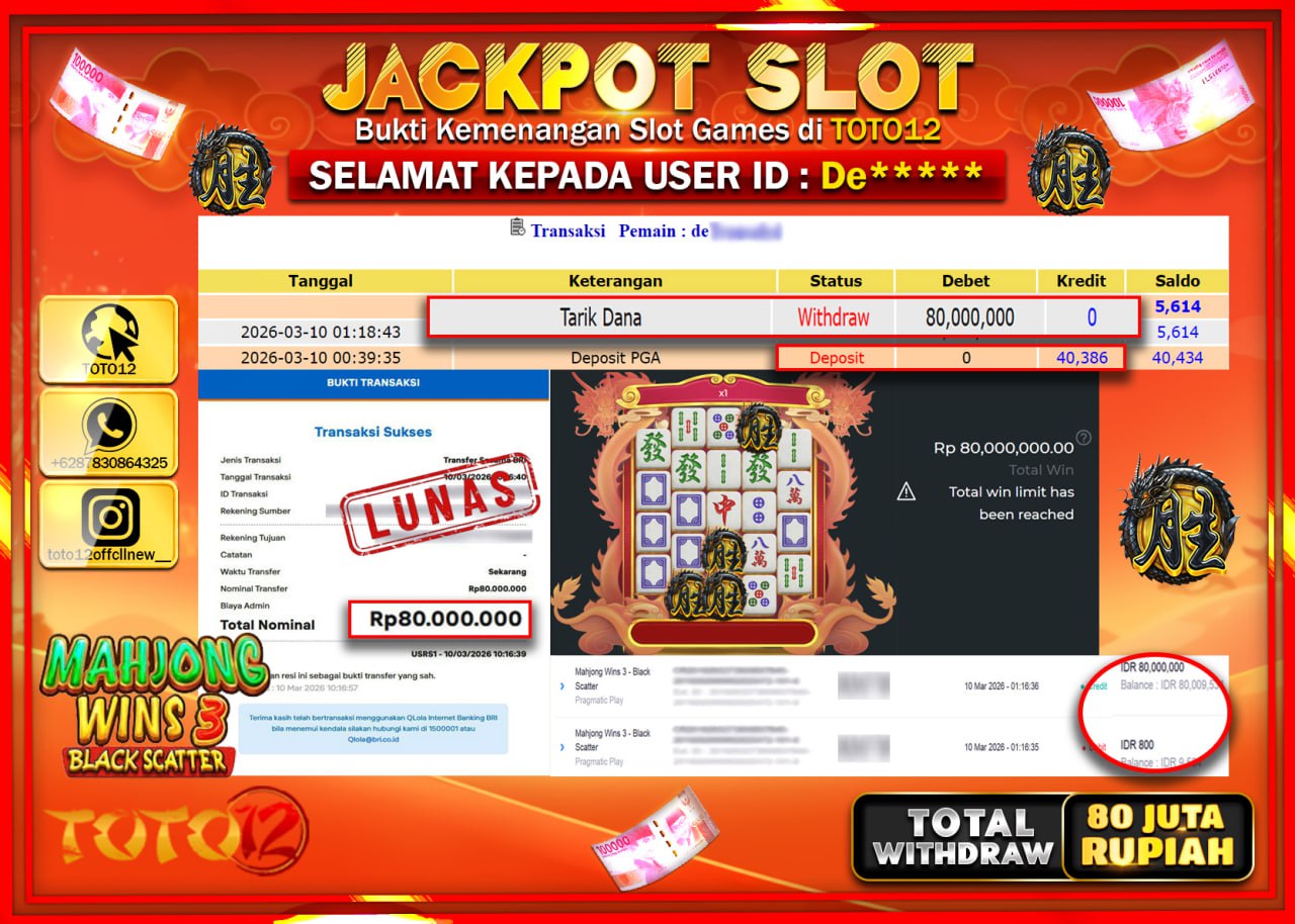 HANYA DI TOTO12 JP PASTI DI BAYAR LUNAS DAN CEPAT!!!!!! JACKPOT SLOT GAME (MAHJONG WINS 3 BLACK SCATTER) Rp.80.000.000!!!!