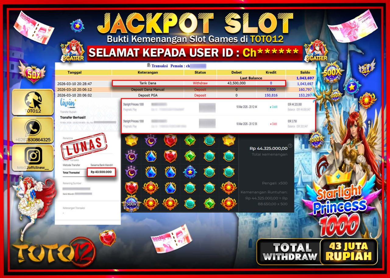 HANYA DI TOTO12 JP PASTI DI BAYAR LUNAS DAN CEPAT!!!!!! JACKPOT SLOT GAME (STARLIGHT PRINCESS 1000) Rp.43.500.000!!!!