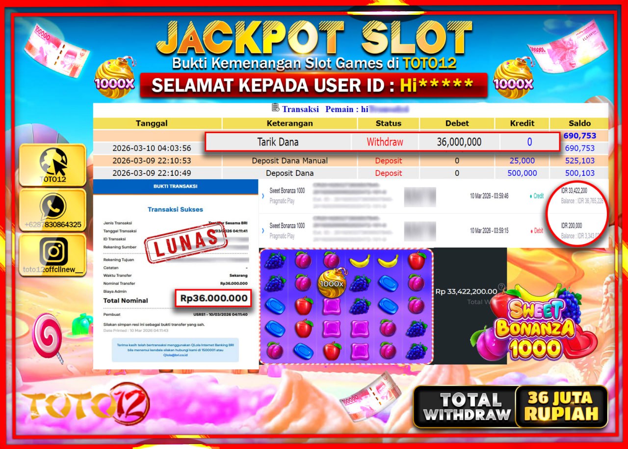 HANYA DI TOTO12 JP PASTI DI BAYAR LUNAS DAN CEPAT!!!!!! JACKPOT SLOT GAME (SWEET BONANZA 1000) Rp.36.000.000!!!!