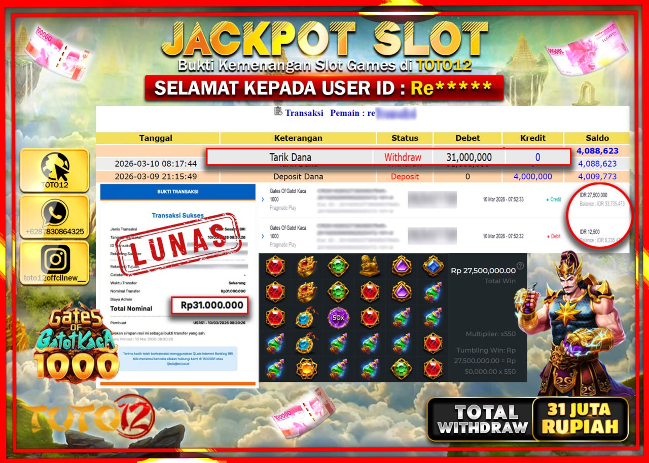 HANYA DI TOTO12 JP PASTI DI BAYAR LUNAS DAN CEPAT!!!!!! JACKPOT SLOT GAME (GATES OF GATOT KACA 1000) Rp.31.000.000!!!!