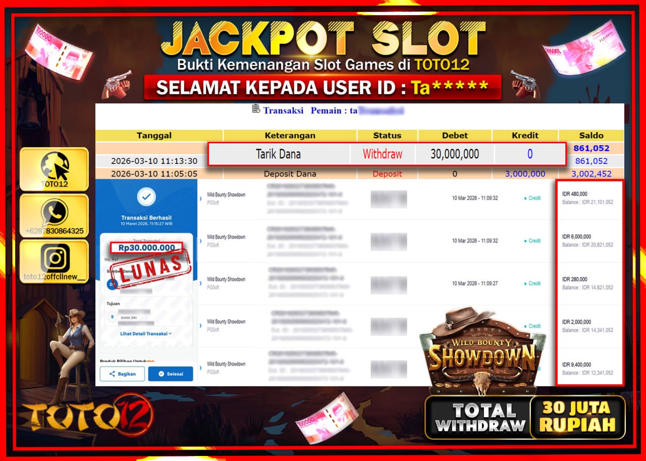 HANYA DI TOTO12 JP PASTI DI BAYAR LUNAS DAN CEPAT!!!!!! JACKPOT SLOT GAME (WILD BOUNTY SHOWDOWN) Rp.30.000.000!!!!
