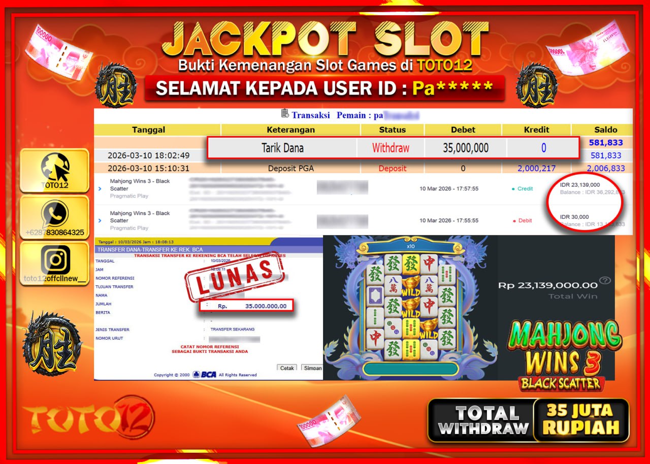 HANYA DI TOTO12 JP PASTI DI BAYAR LUNAS DAN CEPAT!!!!!! JACKPOT SLOT GAME (MAHJONG WINS 3 BLACK SCATTER) Rp.35.000.000!!!!