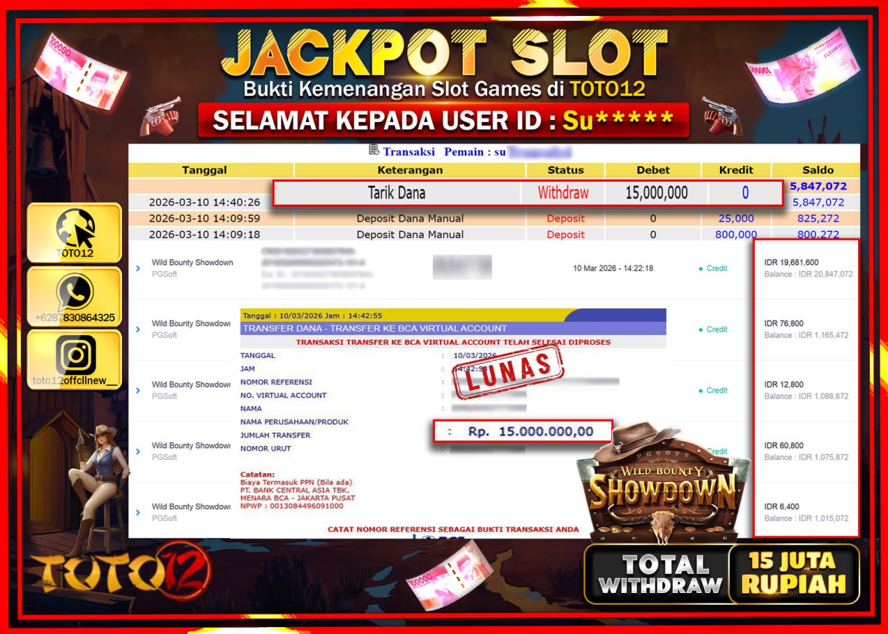 HANYA DI TOTO12 JP PASTI DI BAYAR LUNAS DAN CEPAT!!!!!! JACKPOT SLOT GAME (WILD BOUNTY SHOWDOWN) Rp.15.000.000!!!!