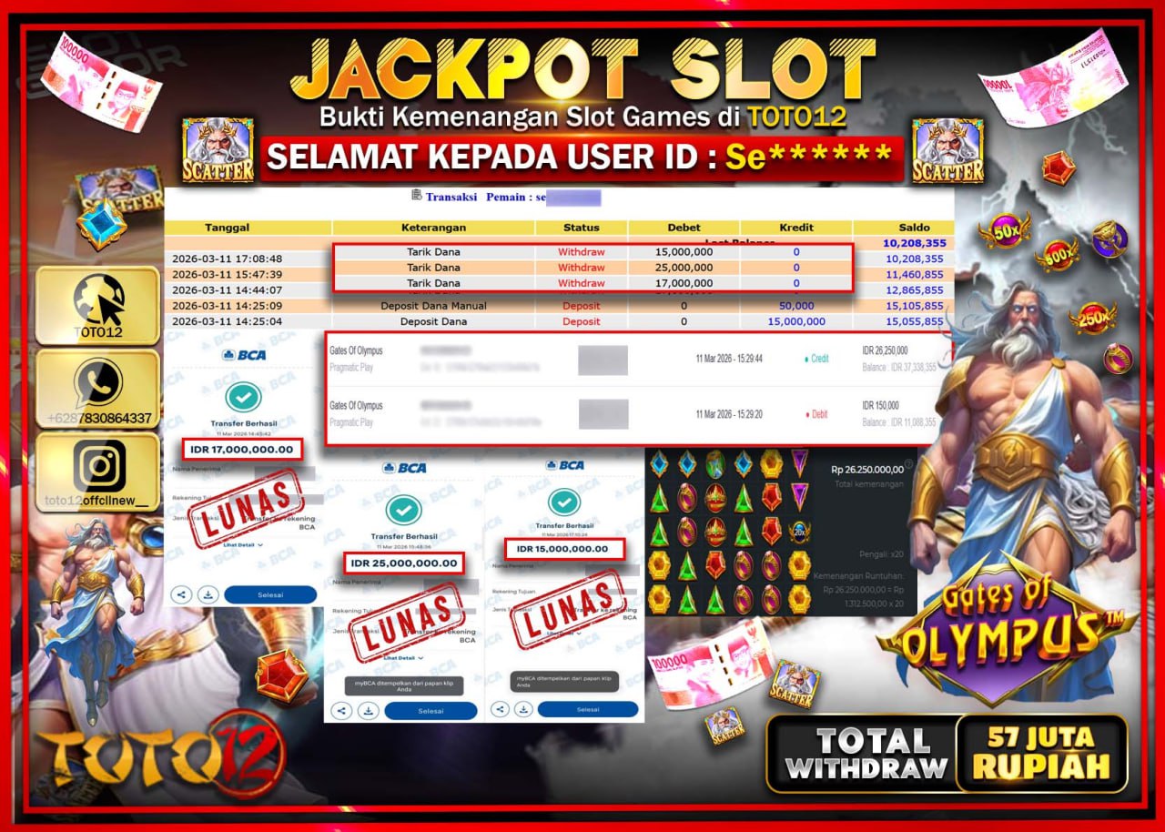HANYA DI TOTO12 JP PASTI DI BAYAR LUNAS DAN CEPAT!!!!!! JACKPOT SLOT GAME (GATES OF OLYMPUS) Rp.57.000.000!!!!