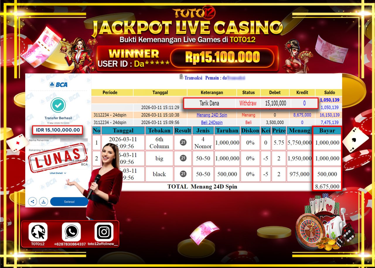 HANYA DI TOTO12 JP PASTI DI BAYAR LUNAS DAN CEPAT!!!!!! JACKPOT LIVE GAMES CASINO(24D) Rp.15.100.000!!!!