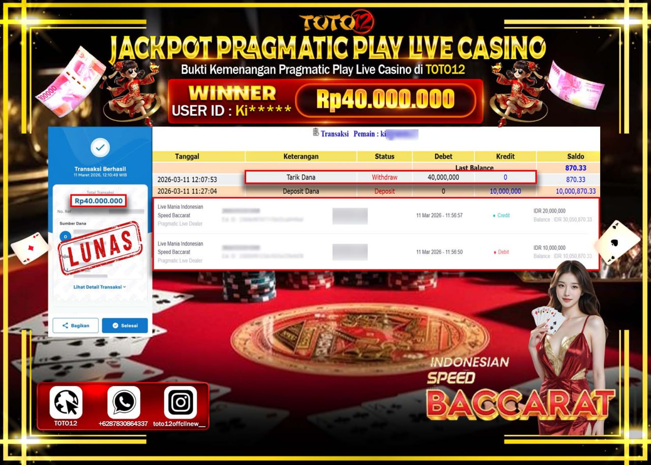 HANYA DI TOTO12 JP PASTI DI BAYAR LUNAS DAN CEPAT!!!!!! JACKPOT PRAGMATIC PLAY LIVE GAME CASINO (LIVE MANIA INDONSIA SPEED BACCARAT) Rp.40.000.000!!!!