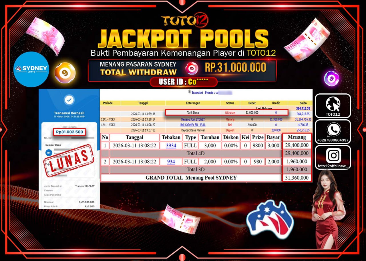 HANYA DI TOTO12 JP PASTI DI BAYAR LUNAS DAN CEPAT!!!!!! JACKPOT POOLS PASARAN (SYDNEY) Rp.31.000.000!!!!