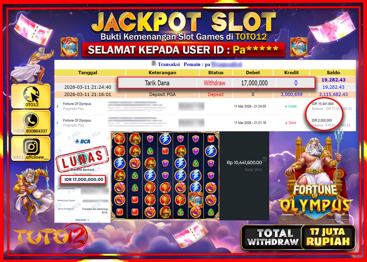 HANYA DI TOTO12 JP PASTI DI BAYAR LUNAS DAN CEPAT!!!!!! JACKPOT SLOT GAME (FORTUNE OF OLYMPUS) Rp.17.000.000!!!!