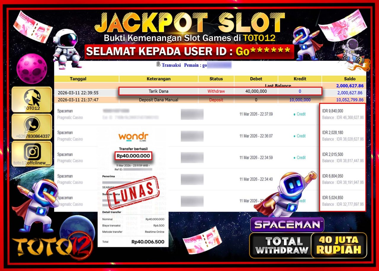 HANYA DI TOTO12 JP PASTI DI BAYAR LUNAS DAN CEPAT!!!!!! JACKPOT SLOT GAME (SPACEMAN) Rp.40.000.000!!!!