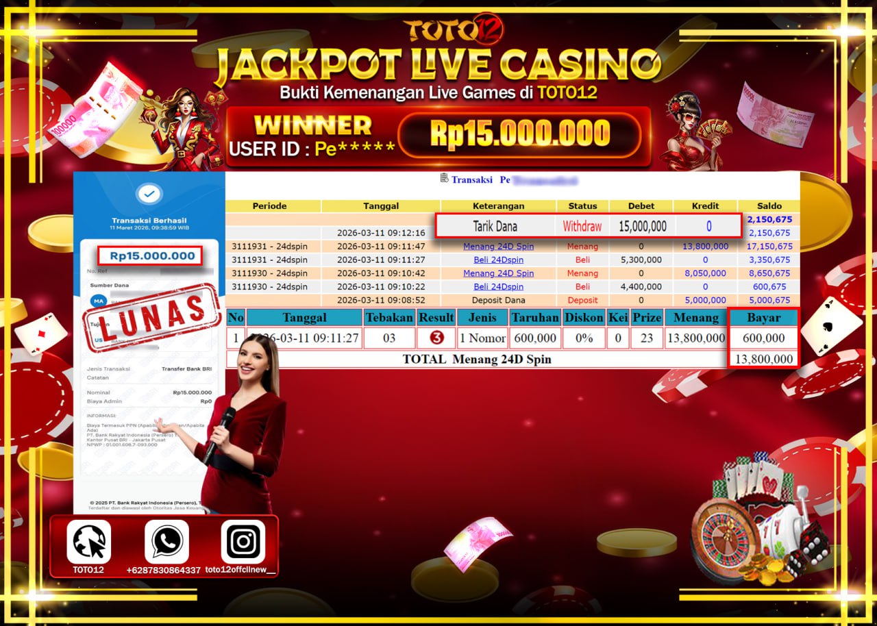 HANYA DI TOTO12 JP PASTI DI BAYAR LUNAS DAN CEPAT!!!!!! JACKPOT LIVE GAMES CASINO (24D) Rp.15.000.000!!!!