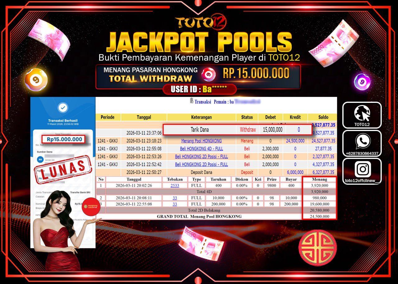 HANYA DI TOTO12 JP PASTI DI BAYAR LUNAS DAN CEPAT!!!!!! JACKPOT POOLS PASARAN (HONGKONG) Rp.15.000.000!!!!