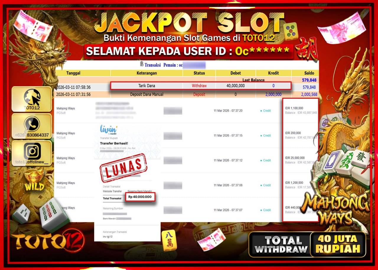 HANYA DI TOTO12 JP PASTI DI BAYAR LUNAS DAN CEPAT!!!!!! JACKPOT SLOT GAME (MAHJONG WAYS) Rp.40.000.000!!!!