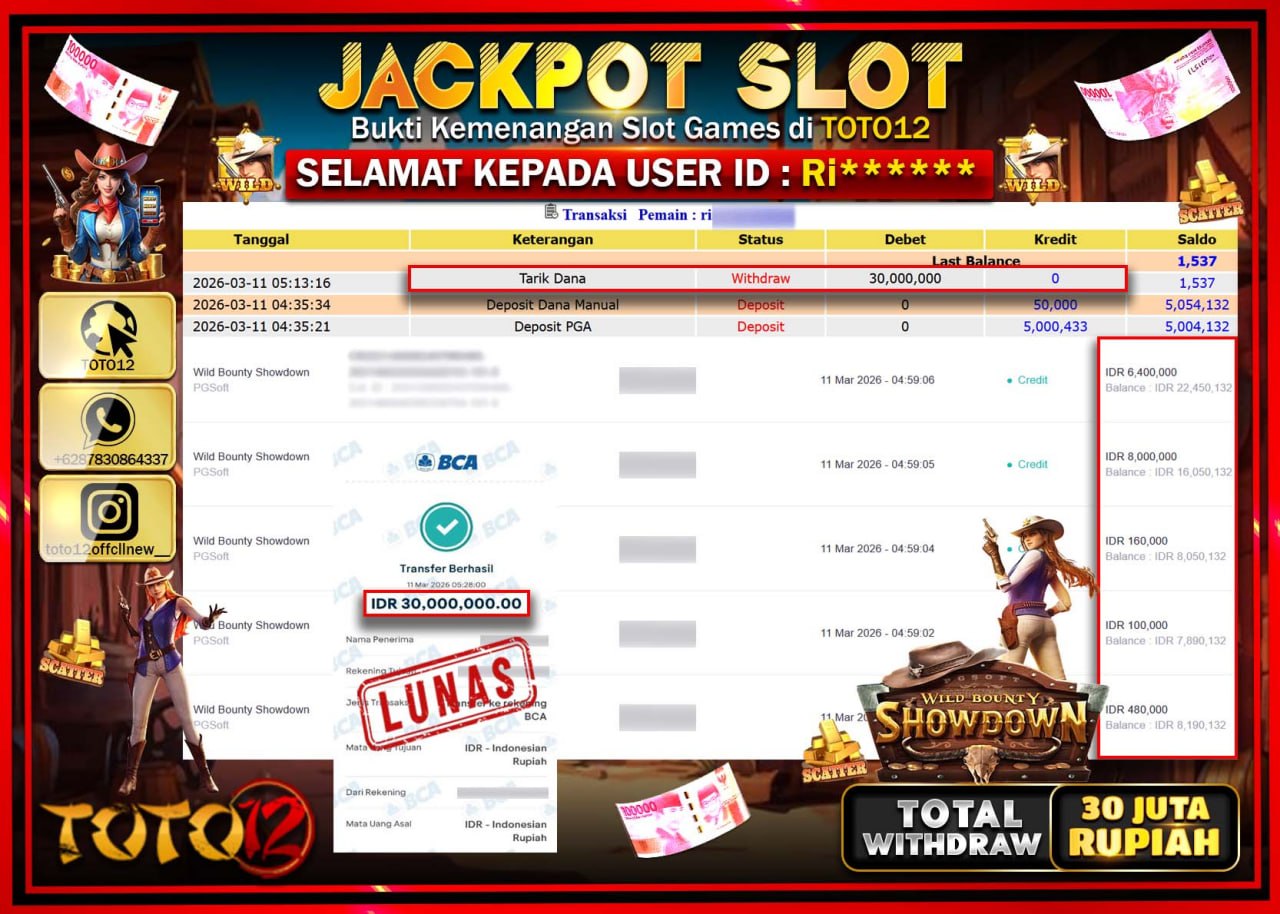 HANYA DI TOTO12 JP PASTI DI BAYAR LUNAS DAN CEPAT!!!!!! JACKPOT SLOT GAME (WILD BOUNTY SHOWDOWN) Rp.30.000.000!!!!