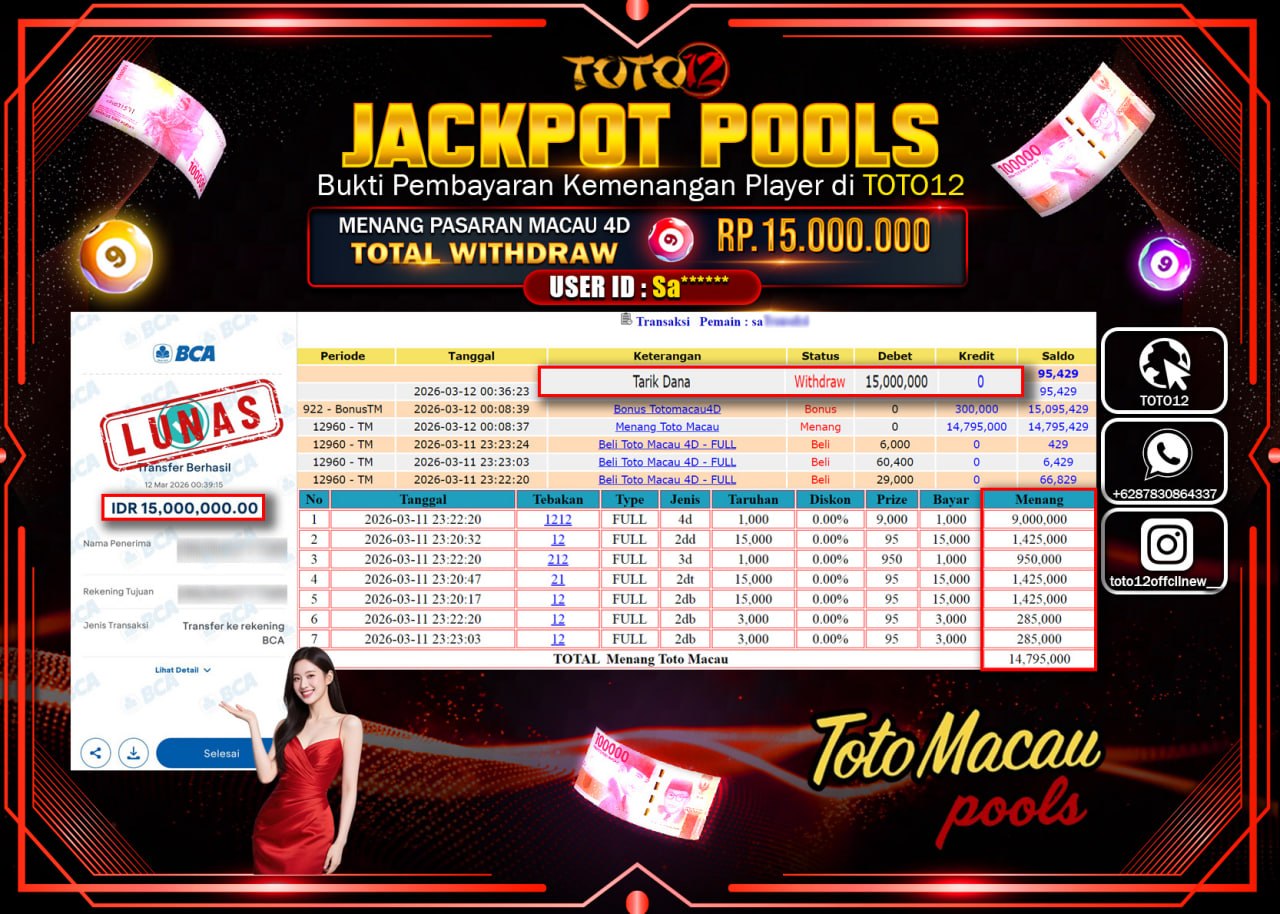 HANYA DI TOTO12 JP PASTI DI BAYAR LUNAS DAN CEPAT!!!!!! JACKPOT POOLS PASARAN (MACAU 4D) Rp.15.000.000!!!!