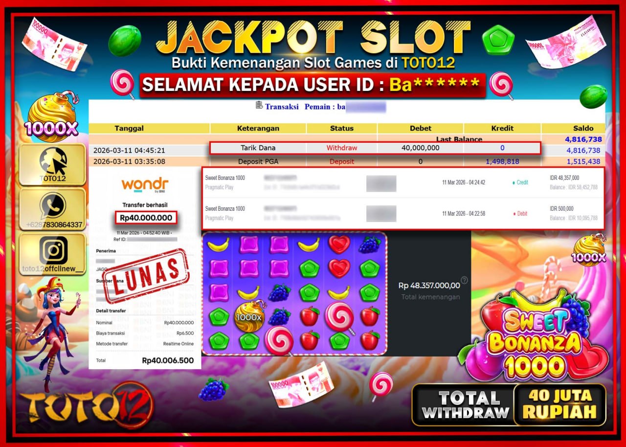 HANYA DI TOTO12 JP PASTI DI BAYAR LUNAS DAN CEPAT!!!!!! JACKPOT SLOT GAME (SWEET BONANZA 1000) Rp.40.000.000!!!!