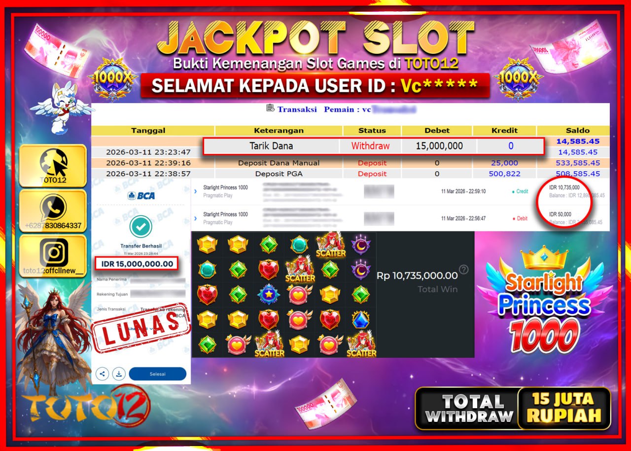 HANYA DI TOTO12 JP PASTI DI BAYAR LUNAS DAN CEPAT!!!!!! JACKPOT SLOT GAME (STARLIGHT PRINCES 1000) Rp.15.000.000!!!!