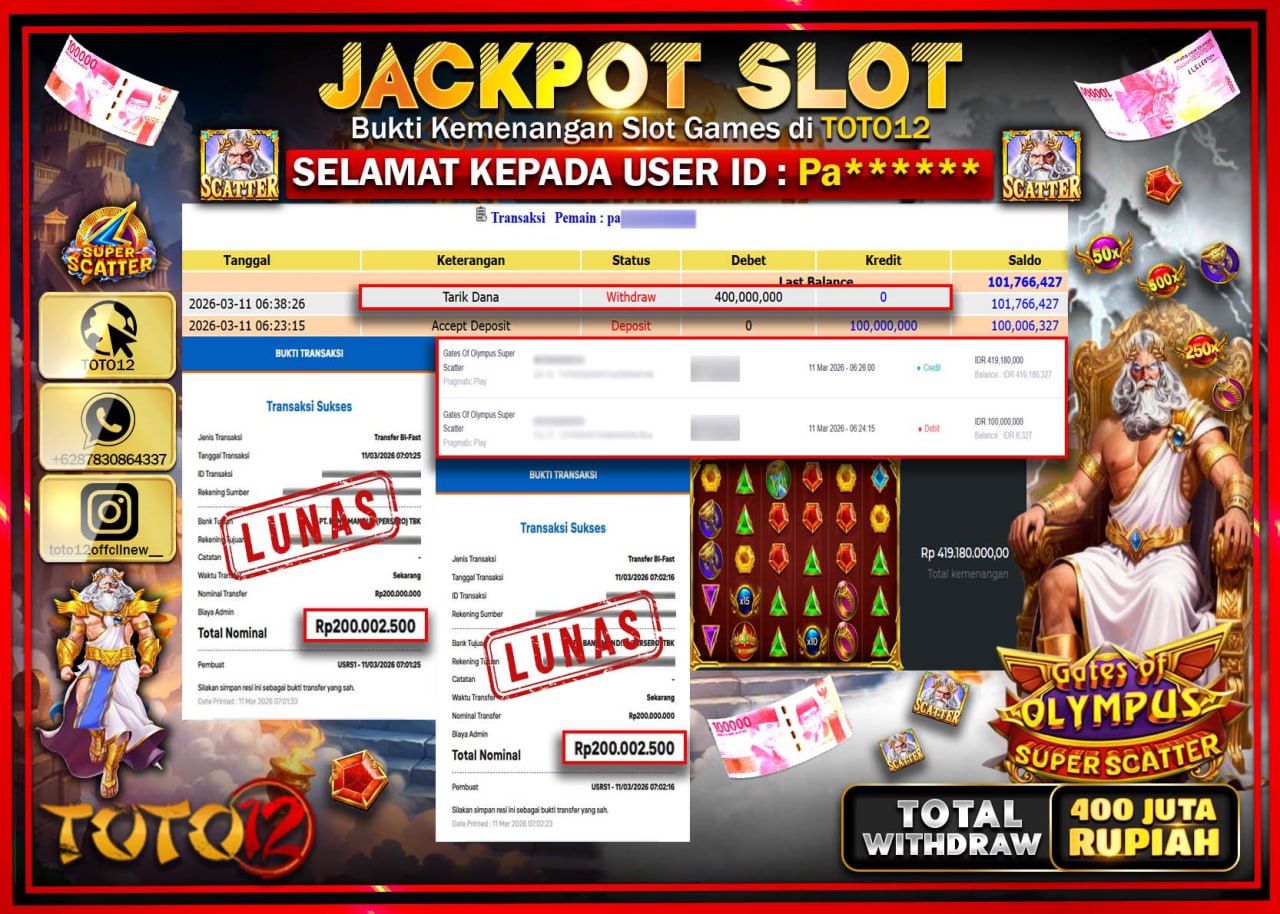 HANYA DI TOTO12 JP PASTI DI BAYAR LUNAS DAN CEPAT!!!!!! JACKPOT SLOT GAME (GATES OF OLYMPUS SUPER SCATTER) Rp.400.000.000!!!!