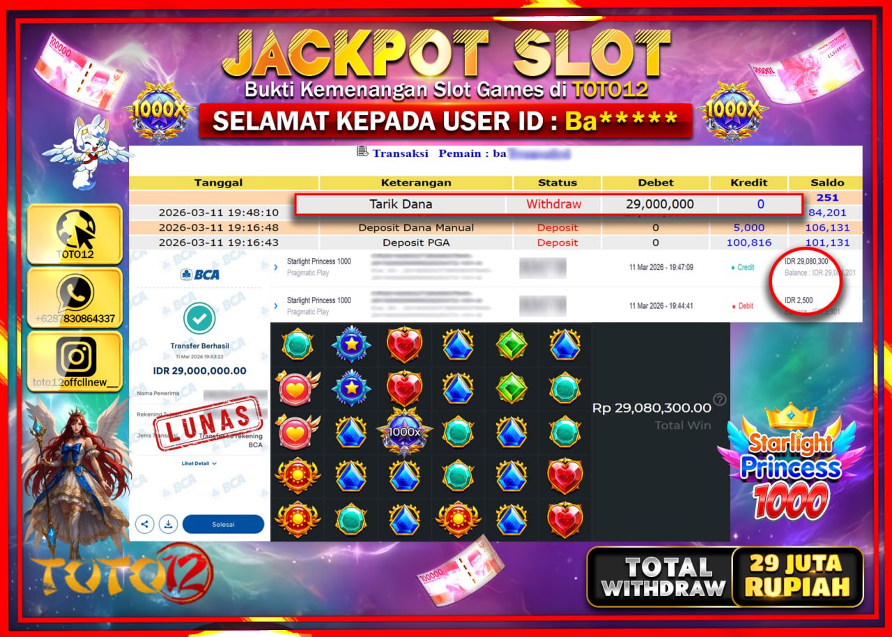 HANYA DI TOTO12 JP PASTI DI BAYAR LUNAS DAN CEPAT!!!!!! JACKPOT SLOT GAME (STARLIGHT PRINCESS 1000) Rp.29.000.000!!!!
