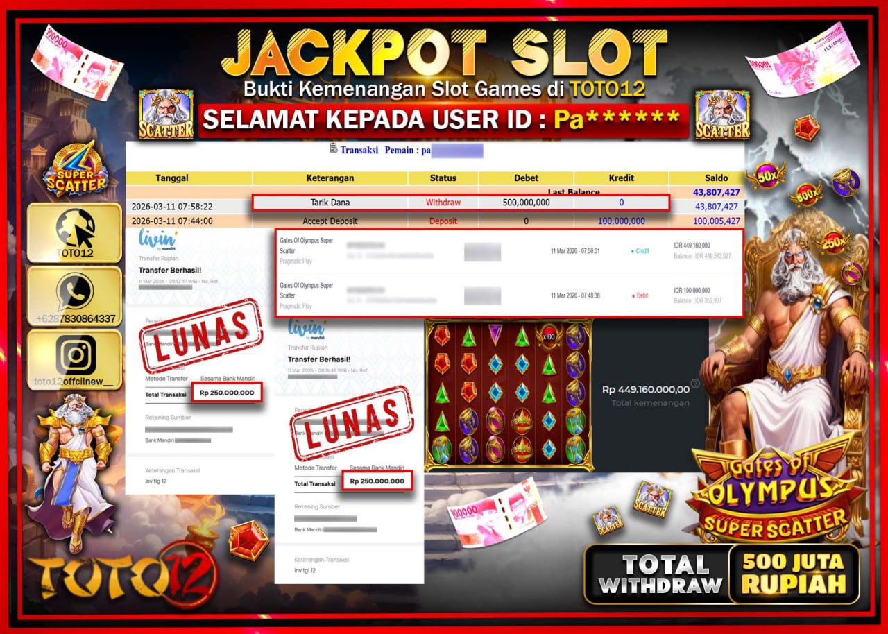 HANYA DI TOTO12 JP PASTI DI BAYAR LUNAS DAN CEPAT!!!!!! JACKPOT SLOT GAME (GATES OF OLYMPUS SUPER SCATTER) Rp.500.000.000!!!!