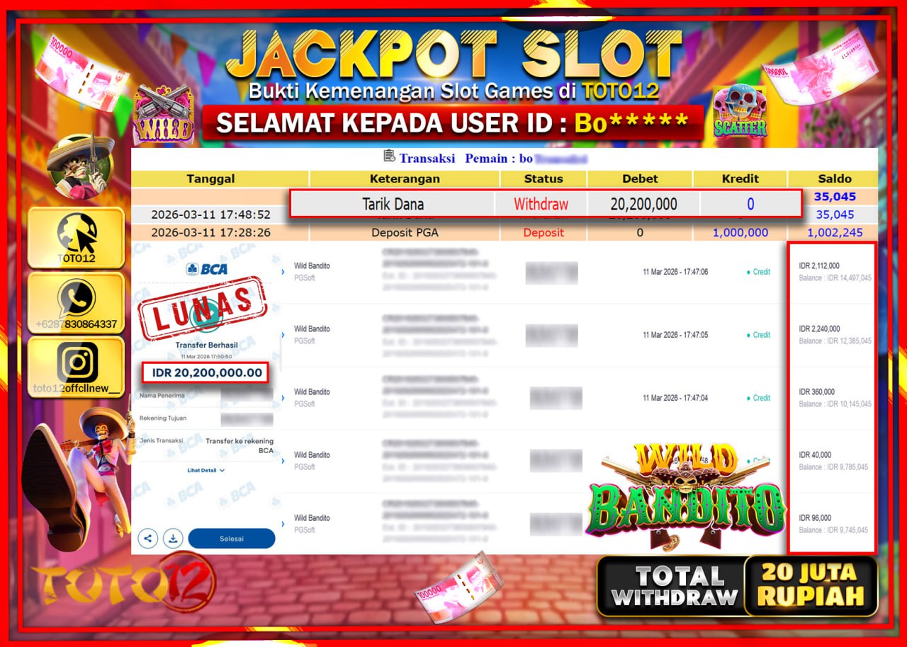 HANYA DI TOTO12 JP PASTI DI BAYAR LUNAS DAN CEPAT!!!!!! JACKPOT SLOT GAME (WILD BANDITO) Rp.20.200.000!!!!